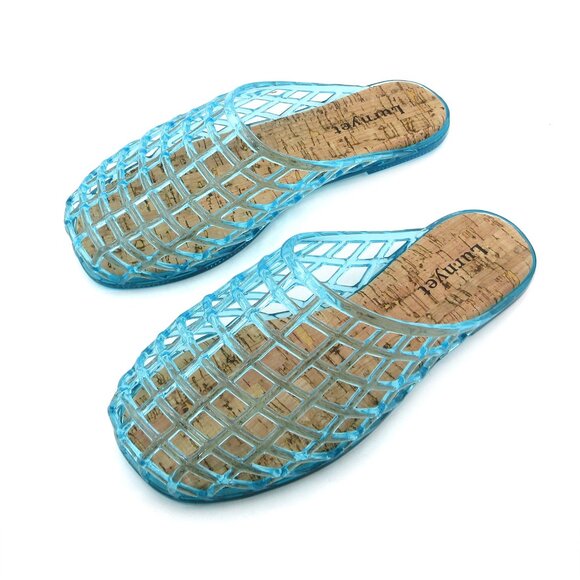 Lurnyet Womens Blue Jelly Comfort Cushion Slide Flat Sandal with Cork Footbed - Picture 3 of 7